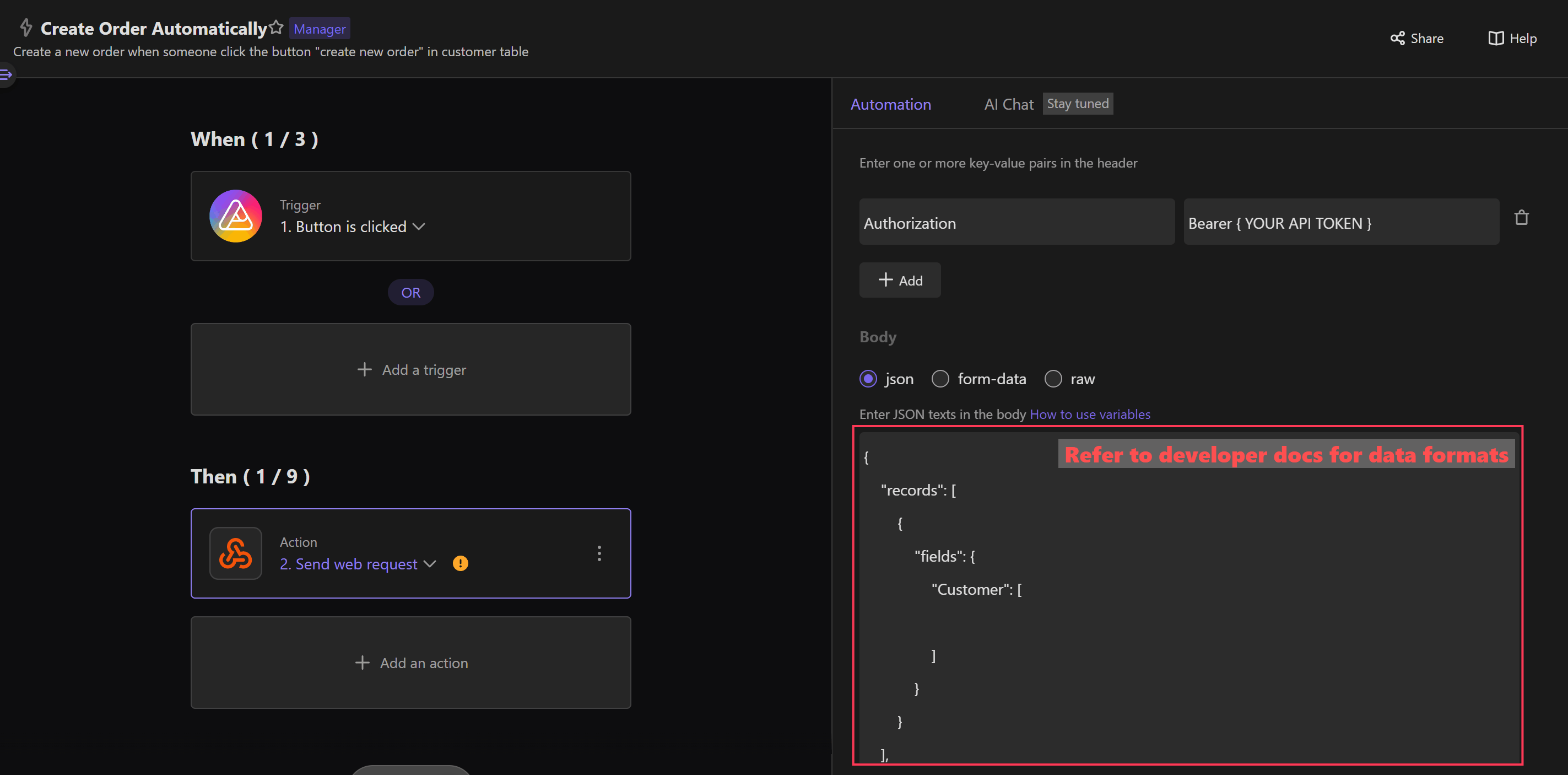 Example GIF showing how to fill in JSON in the request body