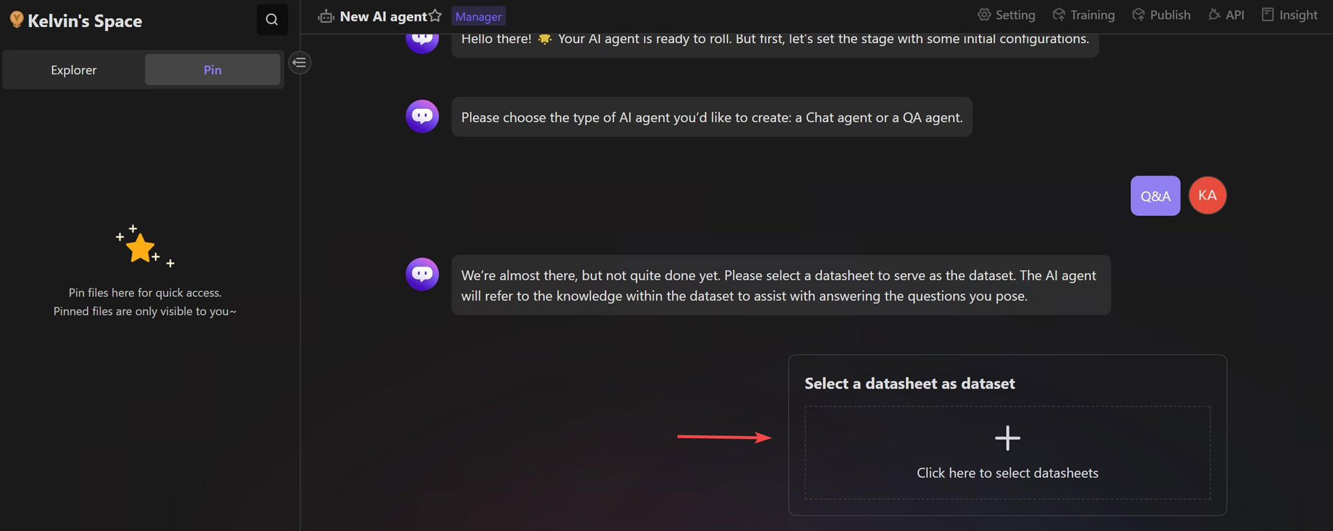 Illustration of selecting a datasheet as agent&#39;s dataset